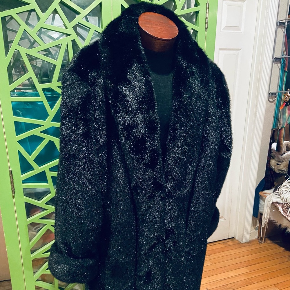 Dennis Basso Black Full Length Faux Fur Coat w/ Luxury Animal Print Lining